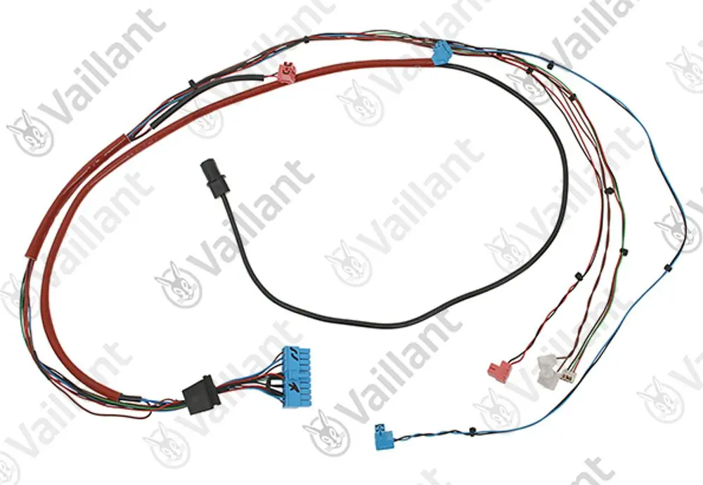 Kabelbaum mit mehreren Kabeln und Steckverbindern, geeignet für Vaillant Produkte. Farblich kodierte Drähte, einschließlich roter, blauer und schwarzer Kabel.
